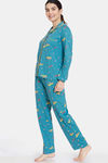 Zivame Autumn Leaves Knit Cotton Pyjama Set - Brittany Blue — thumbnail 2
